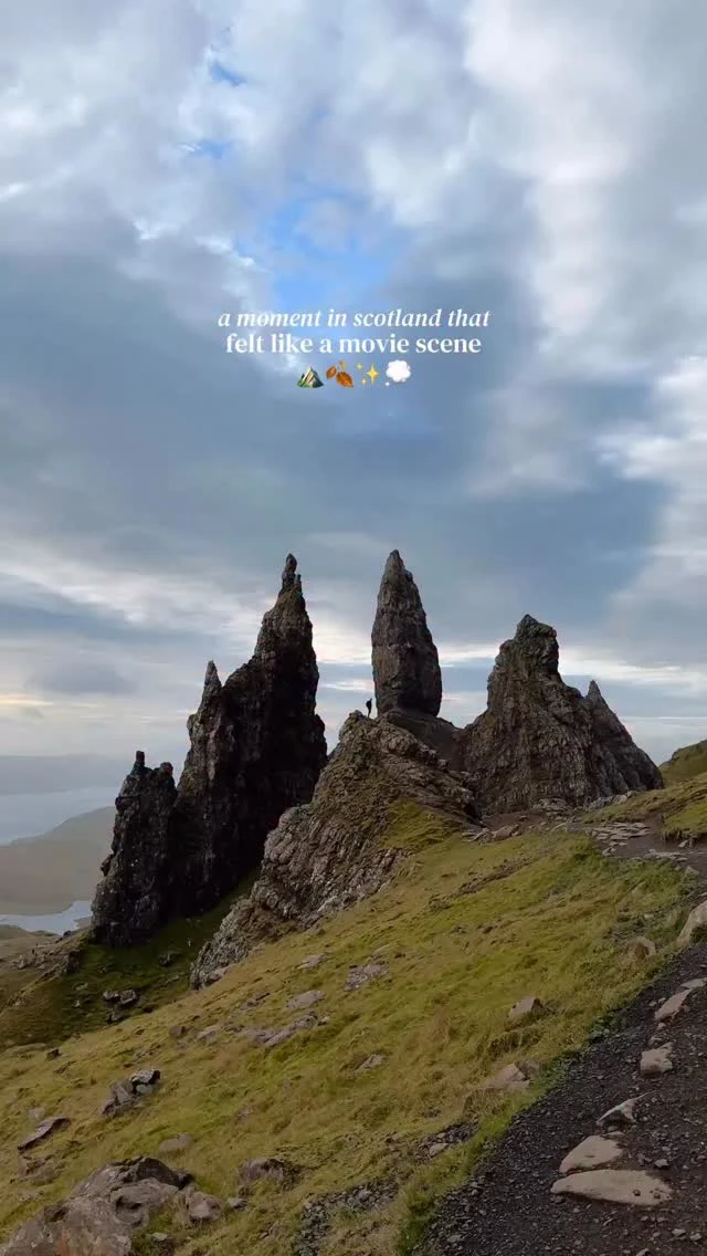tap for the location and how to visit 💫

save for future planning 😇

this is probably the most famous and iconic spot in scotland, and while I thought it was overhyped before visiting, it has truly become my favorite spot that I went to 🥹

location ✨
📍the old man of storr, isle of skye 

located on the most popular island in northern scotland, this hike is likely on everyone’s bucket list 🙈

when we finally made it to the isle of skye, we visited on a stormy day, and decided to hike up here anyways to experience the uniqueness of the island ⛰️

while visibility was low, with rain and lots of wind, there was truly something magical about being on this mountain that we had to come again 😮‍💨

we tried another morning where the visibility wasn’t getting better, so we turned around, luckily on the last morning, right after storm amy had passed, the sun was out and it made for the most beautiful hiking experience to witness a truly remarkable spot in scotland 🏴󠁧󠁢󠁳󠁣󠁴󠁿 

finally enjoying the hike in the beautiful morning light, and making it to the viewpoint of the dramatic landscape, it really felt like a scene straight from a movie 🎬

how to visit ✨
you can find lots of parking (fills up quickly tho) at the established parking lot (note that all campervans must park on the “street side” parking lot) 🚐

it costs £5 for 6 hours of parking which should definitely be enough (even if you take the longer route) 💸

the hike takes around 45 minutes each way to the famous viewpoint but I recommend searching for alternative routes as we found some of our favorite spots on the less taken trails here 🥺

the trail is well maintained but PLEASE dress properly for a hike (with hiking shoes) as this is a hike and the weather conditions can quickly make it dangerous if unprepared! ☔️

ps. this is a very popular spot (for good reason) but if you’re here early, you can still enjoy it (almost) to yourself 🧚🏼‍♀️

these clips were taken between 8:00-8:30 am and the mornings are also typically when the weather is most stable 🍂

follow for more tips around my backyard (europe) 🥰

#oldmanofstorr #isleofskye #isleofskyescotland #scotlandtravel 

old man of storr hike